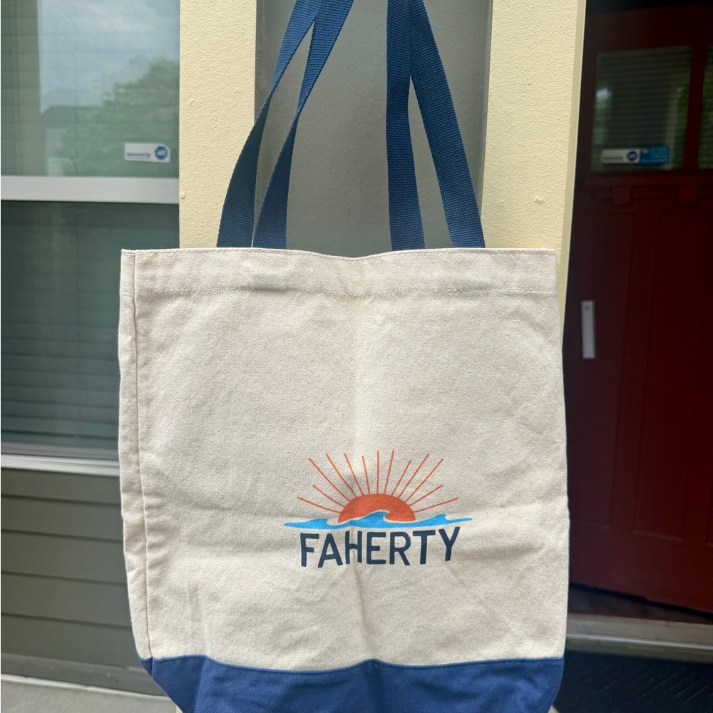 Faherty Natural Canvas Tote with Navy Accents and Sunrise Logo
